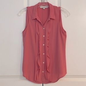 Ann Taylor LOFT Sleeveless Button-Up Ruffle Blouse (Petite S, Pink/Blush/Rose)